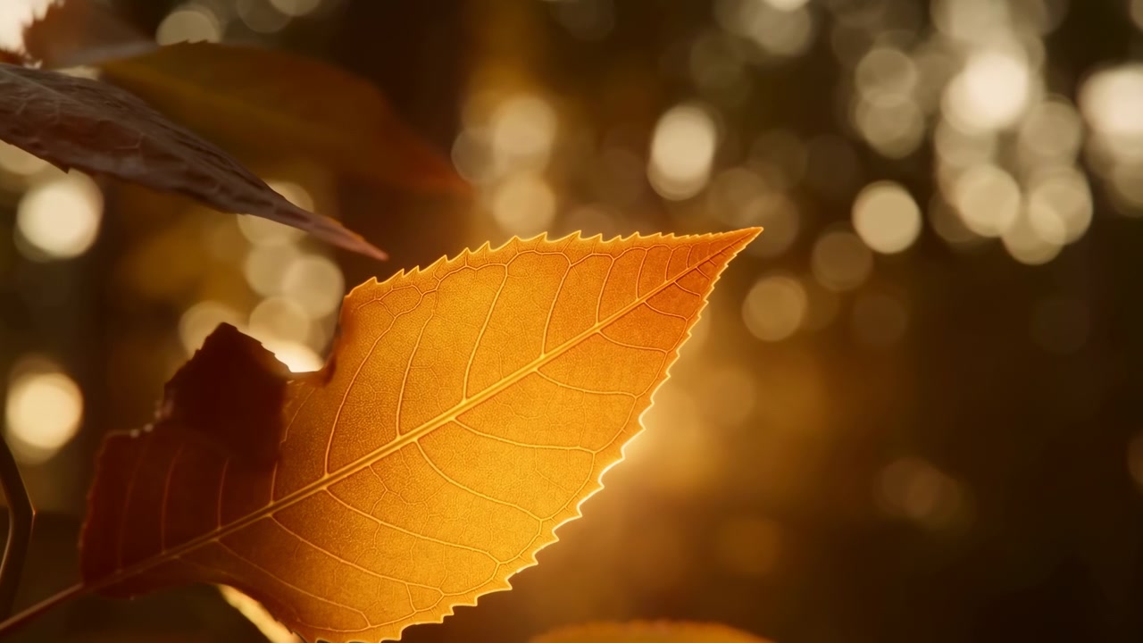 一枚のオレンジ色の紅葉が黄金色の太陽光に明るく逆光で照らされ、柔らかくぼかされた自然な背景と温かい色調の中で微細なディテールが見える。