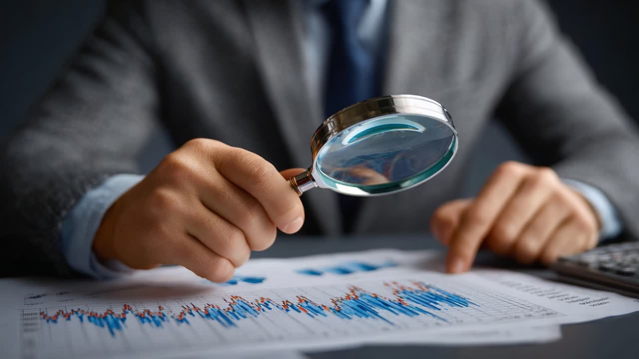 Datatrends analyseren met een vergrootglas: een close-up van grafieken en statistieken om inzichten te onthullen in bedrijfsprestaties en marktanalyse.
