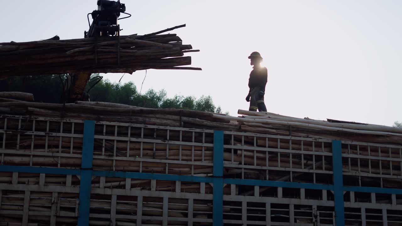Loading Logs onto Truck at Sunrise