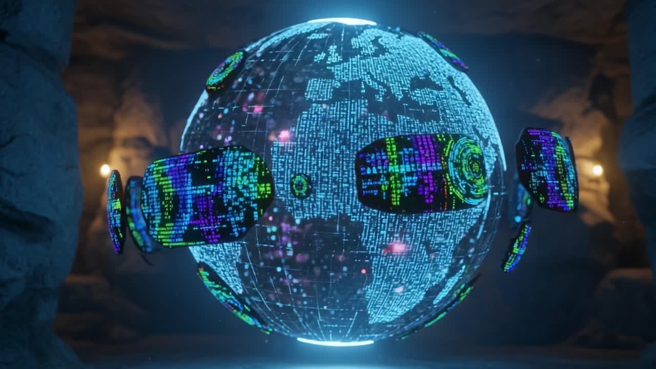 An Advanced Digital Globe Displaying Data Patterns and Vibrant Visualizations, Rotating in a Dark Cave-Like Environment, Symbolizing the Future of Technology and Data Exploration