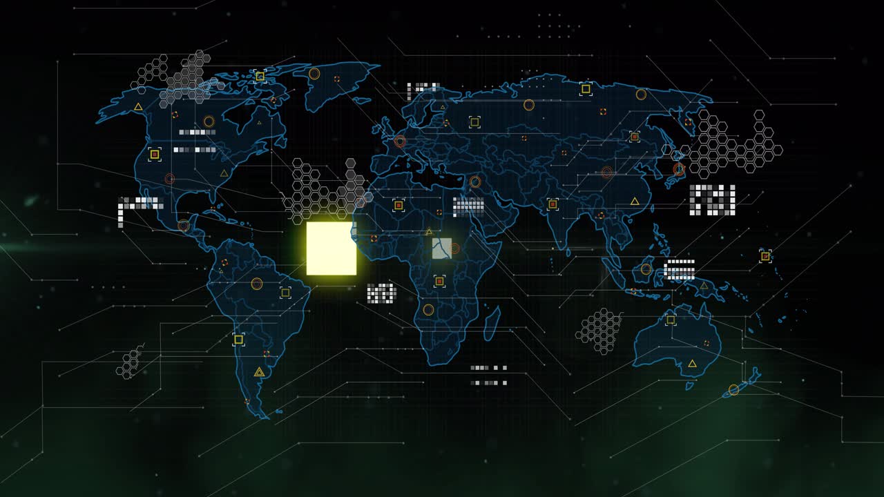 Neon-blue map receiving two green squares, pulsing east, expanding into tiles, visualizing hotspots