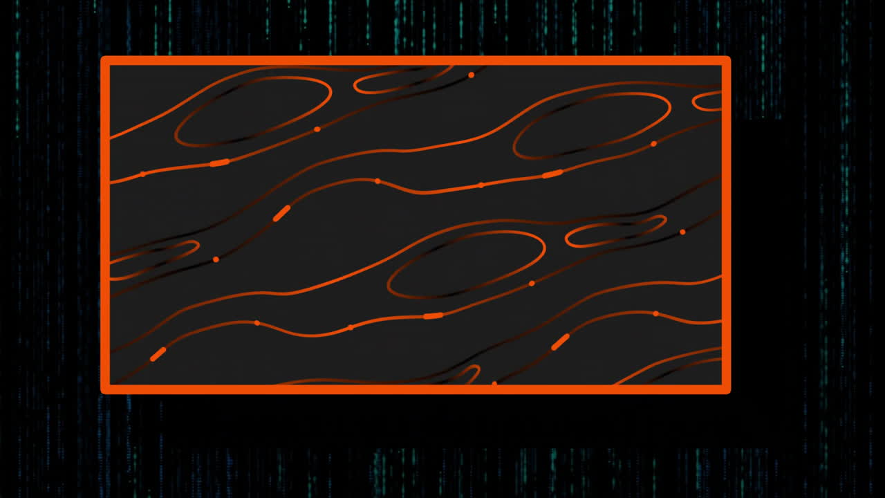 Dark grey panel glowing in scene, displaying orange wavy lines and teal code streaks