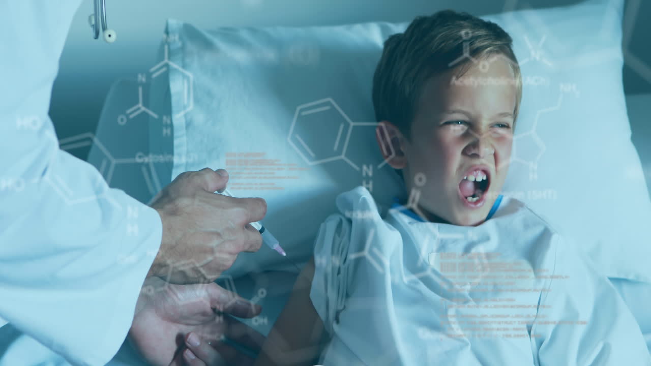animación de la interfaz digital e información con el niño y el médico sosteniendo la jeringa de vacunación