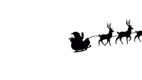 animation of black silhouette of santa claus in sleigh being pulled by reindeer on white background