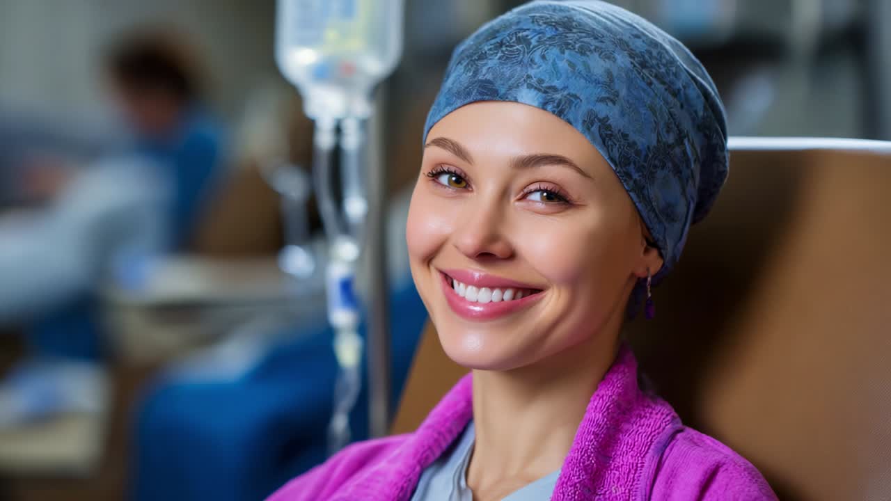 A Radiant Smile: A Woman in a Cancer Treatment Center Showcases Resilience and Hope While Receiving Infusion Therapy, Embracing Positivity Amidst a Challenging Health Journey