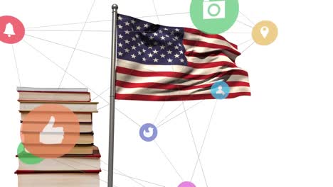 animation of network of connections with icons over flag of usa and books