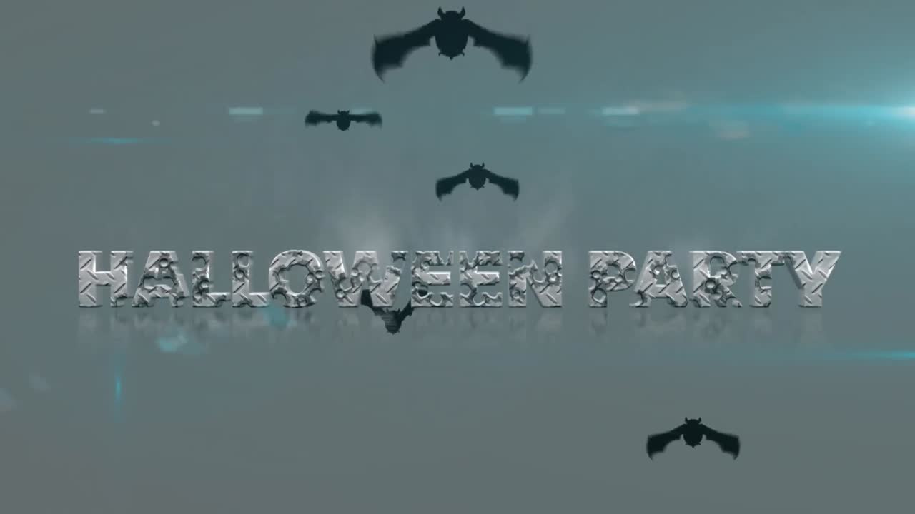 Animazione di testo "festa di Halloween" su pipistrelli in volo su sfondo grigio