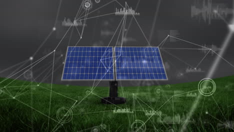 animación de la red de conexiones y procesamiento de datos a través de paneles solares en el césped contra el cielo gris
