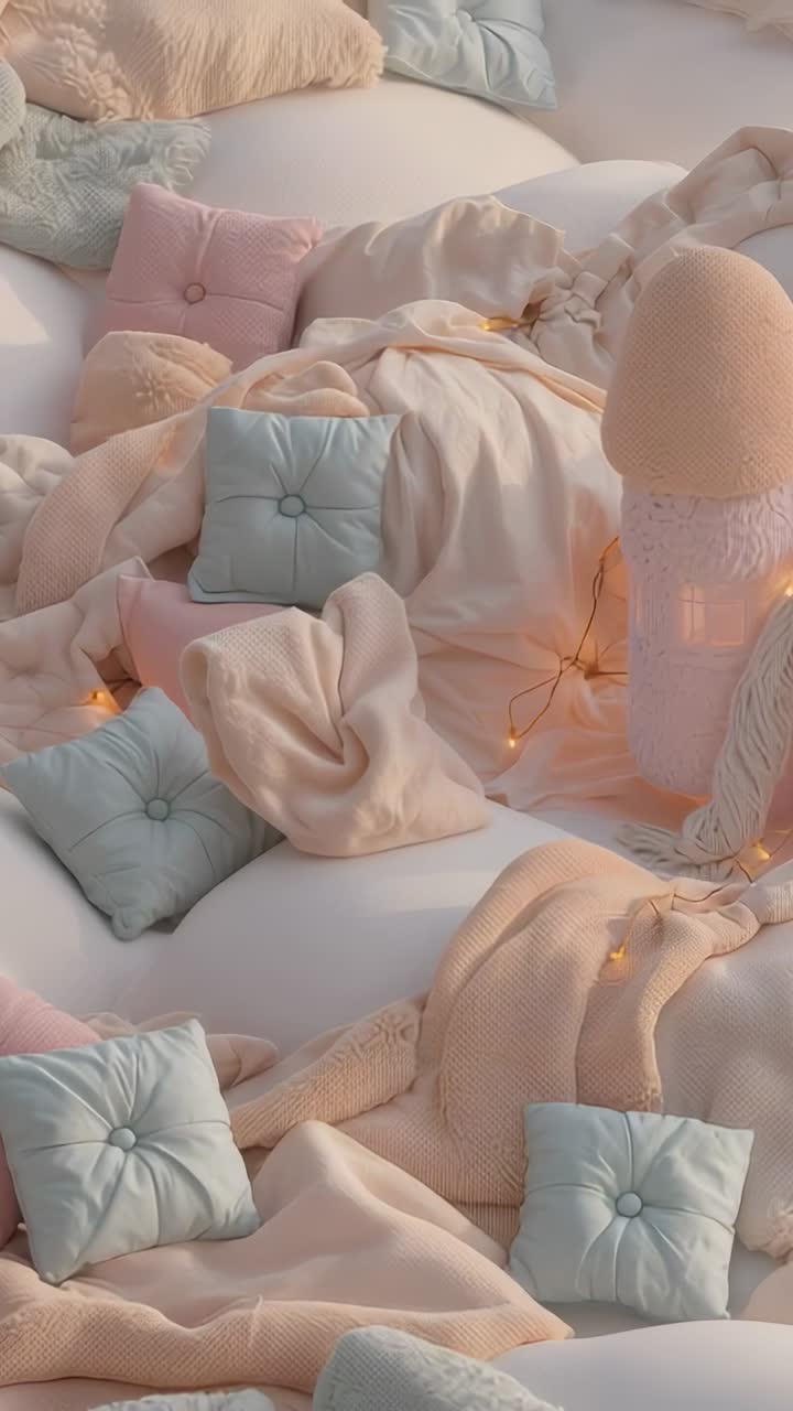 Video verticale: una gamba con calzino color pesca sposta delicatamente coperte morbide e cuscini trapuntati adagiati su un pouf da letto