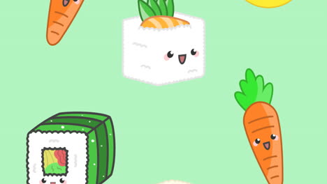 animation of falling sushi and carrots over pink background