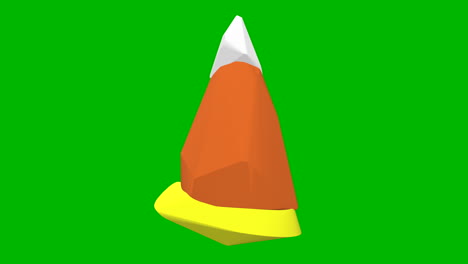 a 3d animation of a candy corn spinning in front of a green screen for halloween and fall backgrounds