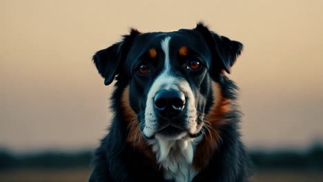 retrato en primer plano de un perro blanco y negro con un fondo borroso