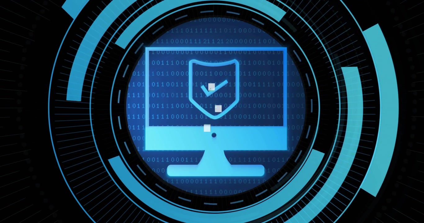 Green scan bar starting sweep, monitor shield icon glowing, HUD rings rotating confirming security
