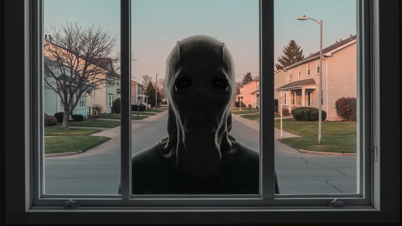 Eerie Encounter: A Mysterious Figure Stares Through a Window as Dusk Falls Over a Quiet Suburban Neighborhood