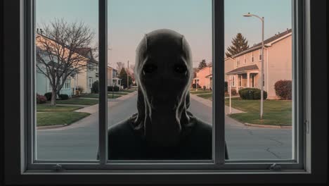 eerie encounter: a mysterious figure stares through a window as dusk falls over a quiet suburban neighborhood