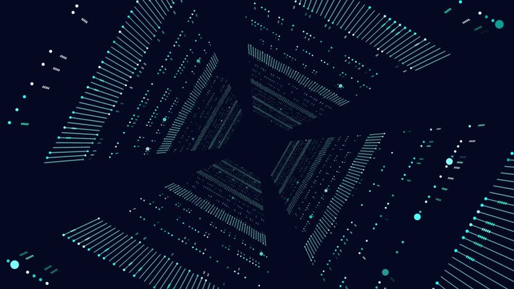 Futuristic neon cubes with dots and lines in spiral in dark galaxy
