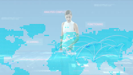 animation of data processing and statistics over woman and world map