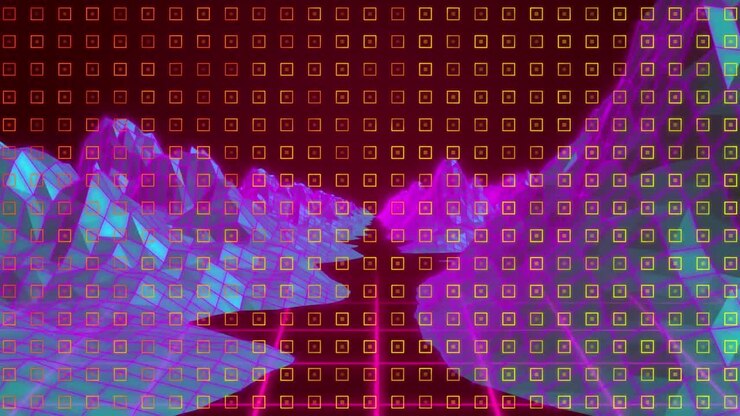 Animation of yellow shapes over colorful digital landscape on moving colorful grid