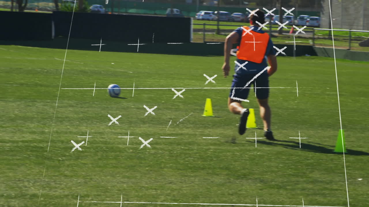 Soccer player training on field with strategic markings overlay animation