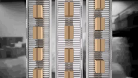 Animation-of-cardboard-boxes-moving-on-conveyor-belts-over-warehouse