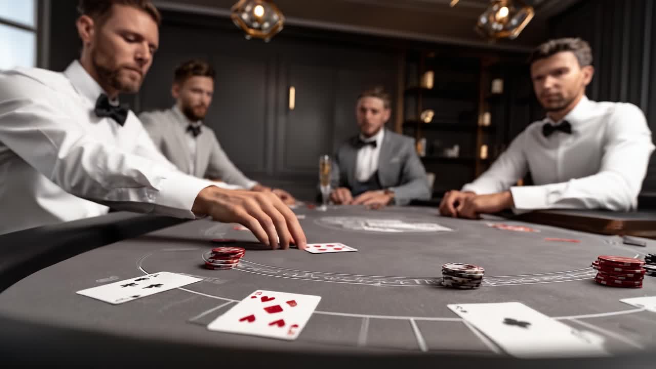 Intense Moments at the Poker Table: Four Players Strategize Over Cards and Chips During a High-Stakes Game, Caught in Stunning Detail
