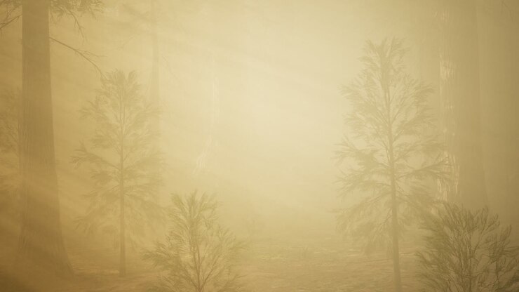 autumn forest and trees in morning fog