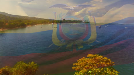 digital composition of waving ecuador flag against aerial view of the sea