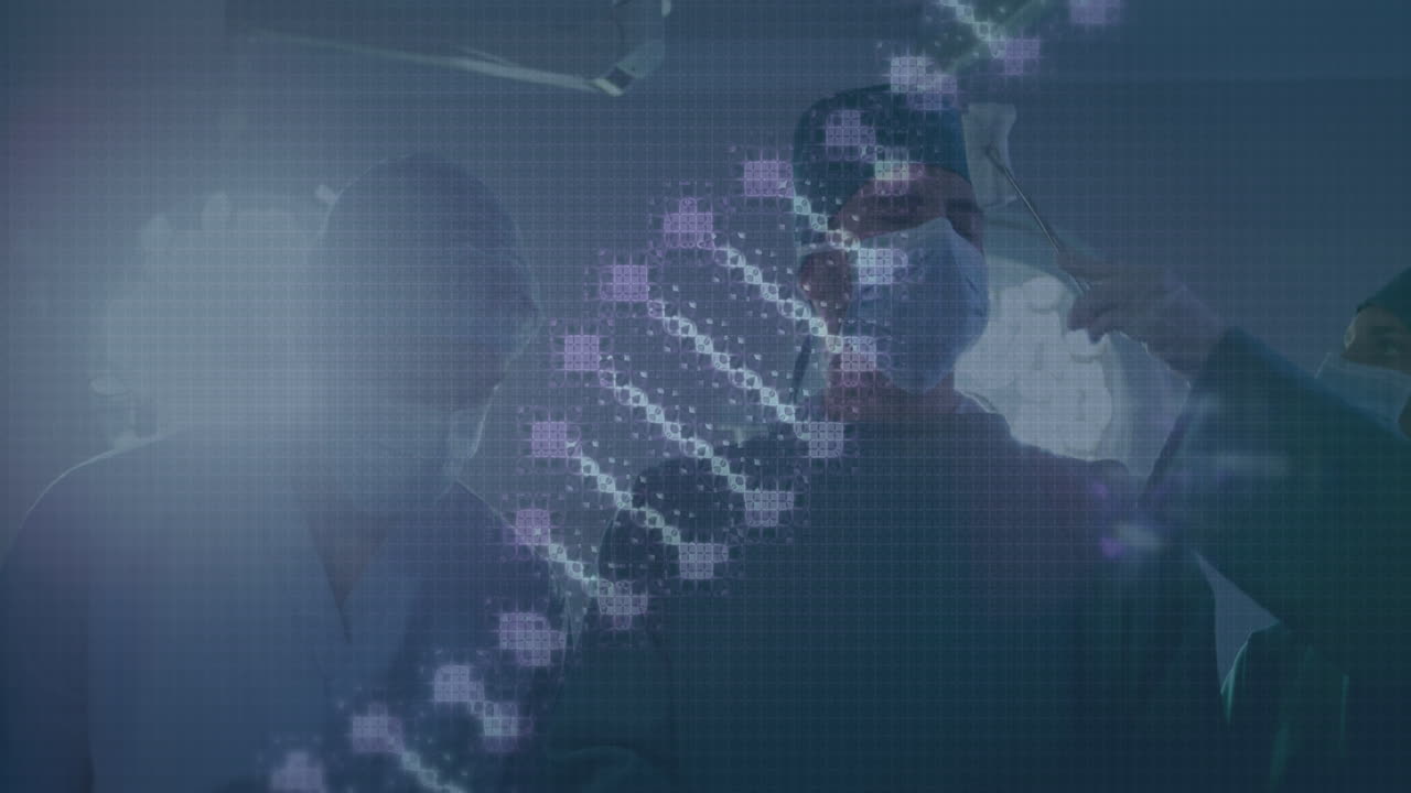 animación de la cadena de adn sobre cirujanos caucásicos con máscaras faciales