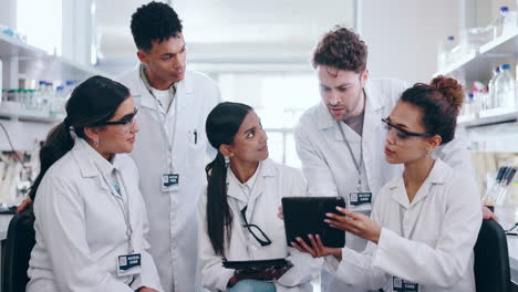 people, scientist and tablet in team meeting