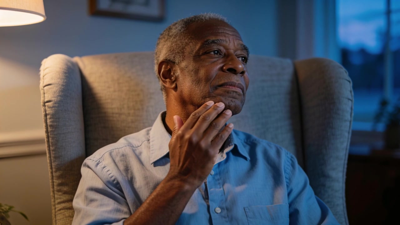 Touching senior in blue shirt glancing at window, moving down jaw, thinking in living room armchair