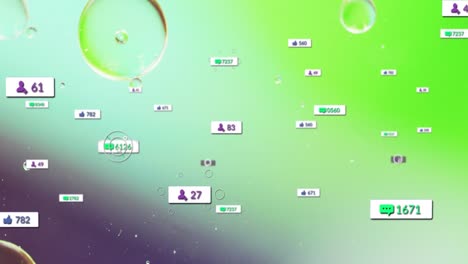 animación de texto e iconos de redes sociales en primer plano de líquidos y bolas.