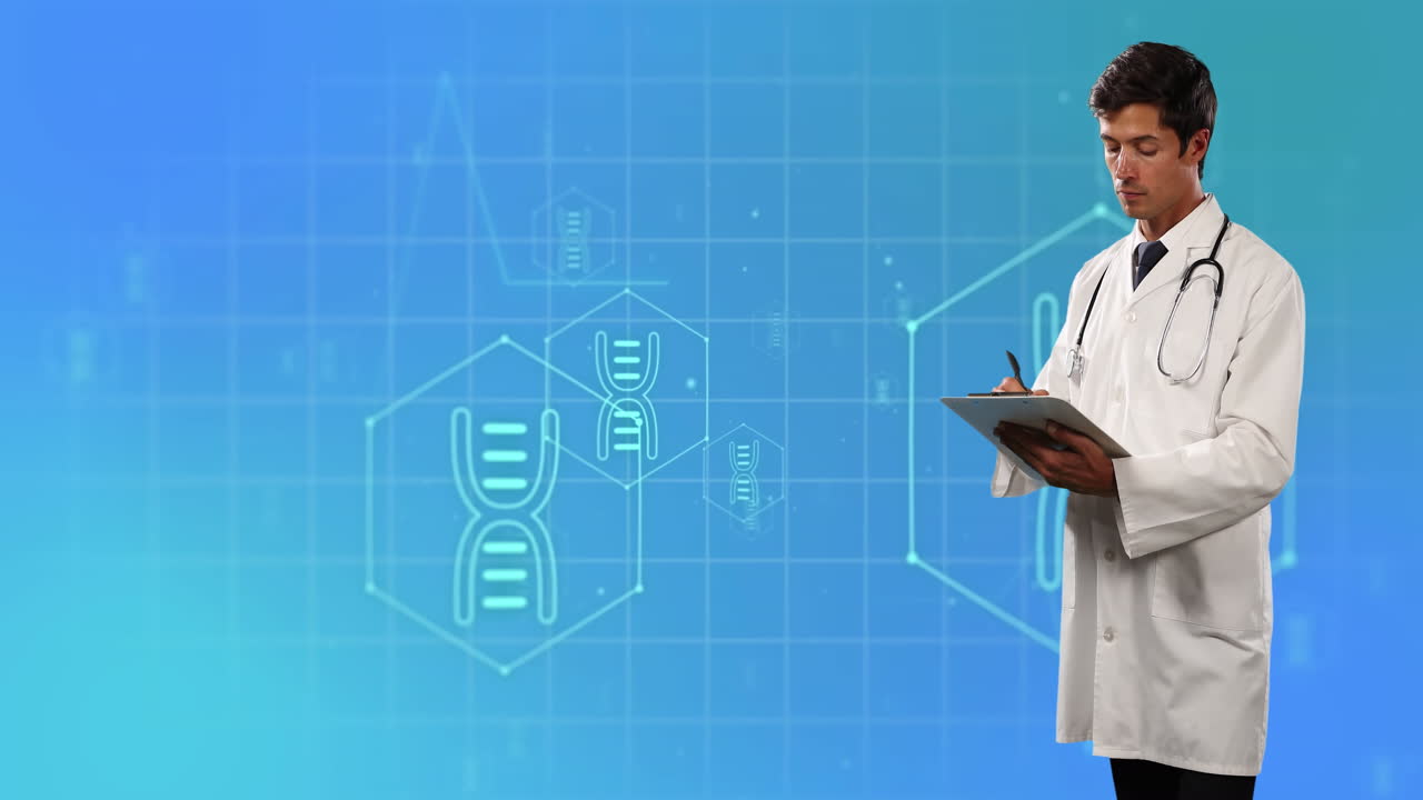 Animazione di icone mediche e medico maschio caucasico che scrive su blocco appunti su sfondo blu.