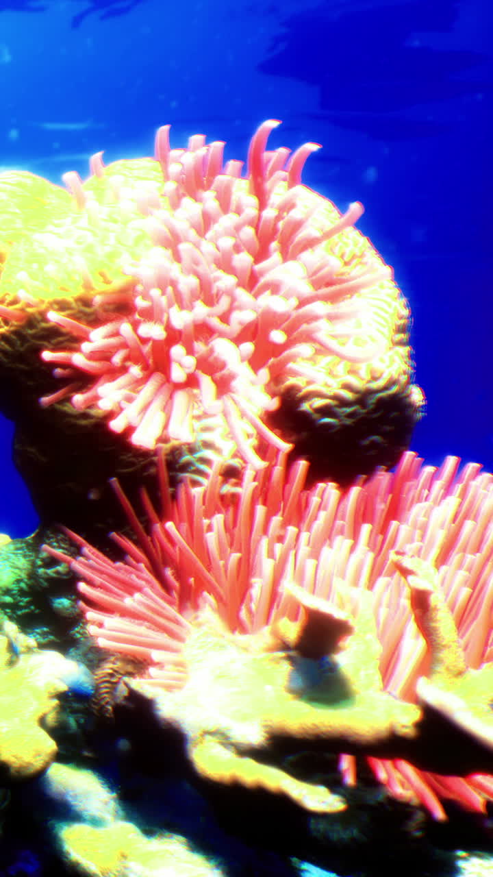 Barriere coralline con anemoni rosa in acqua blu trasparente di giorno
