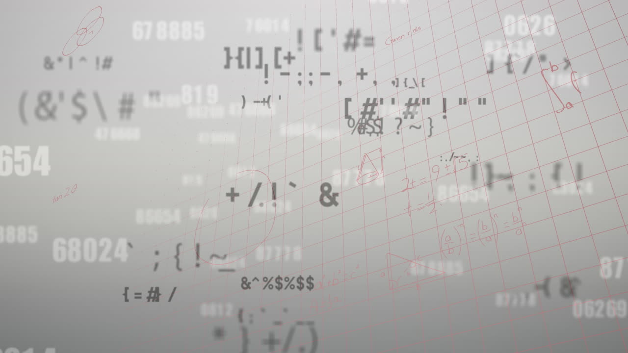 Animation of multiple changing numbers and symbols against grey background