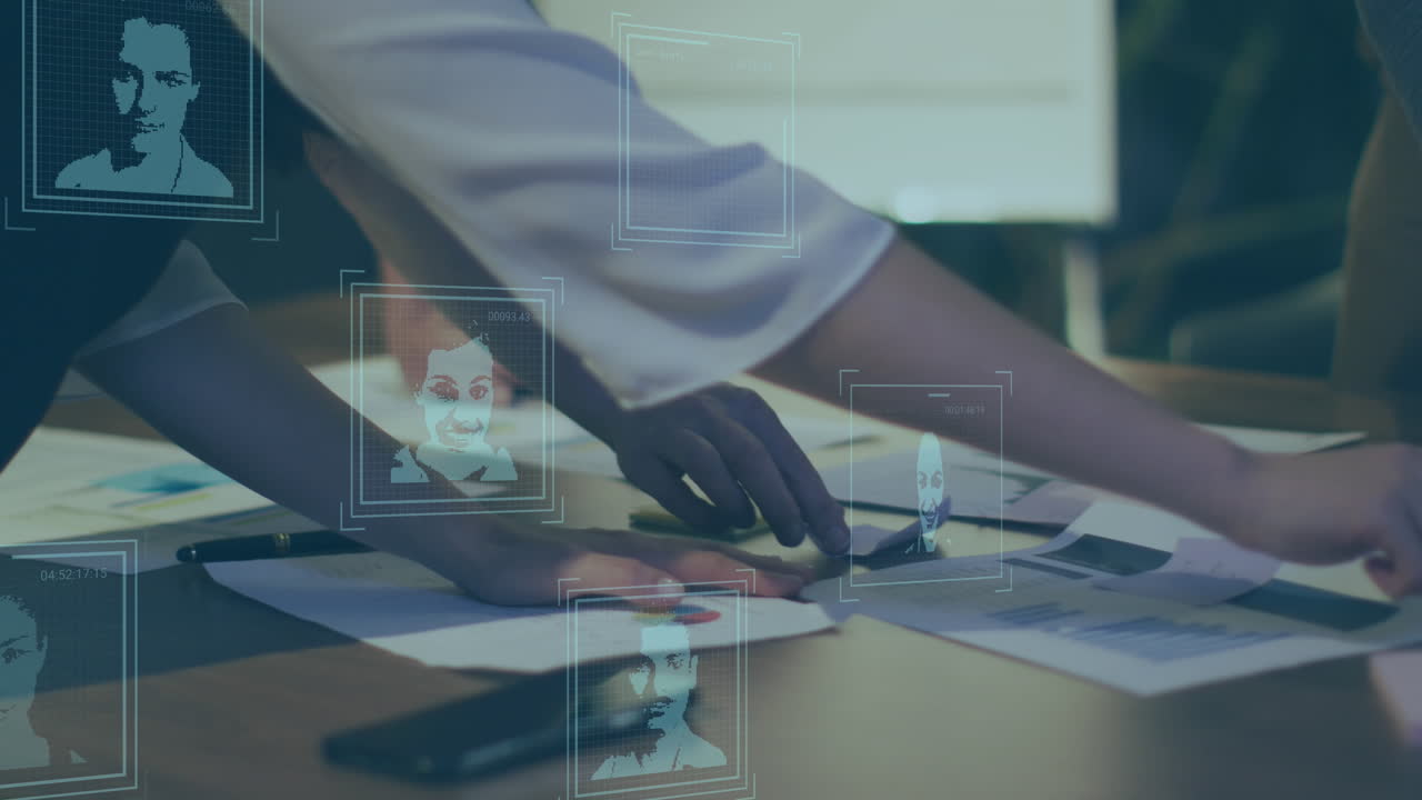 Animation of biometric photos and data processing over diverse business people