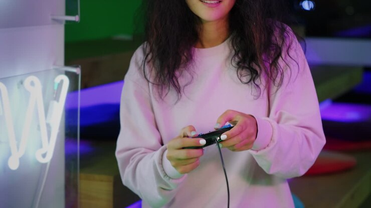 Woman Playing Video Games in a Neon-Lit Arcade