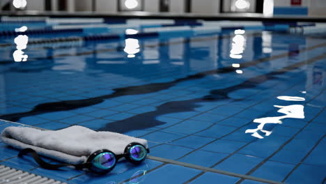 swimming pool with towel and goggles