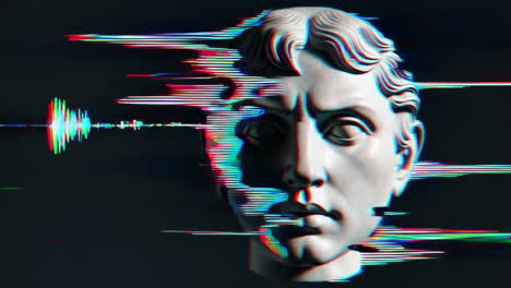 abstract glitch art of a classical bust with sound wave effects