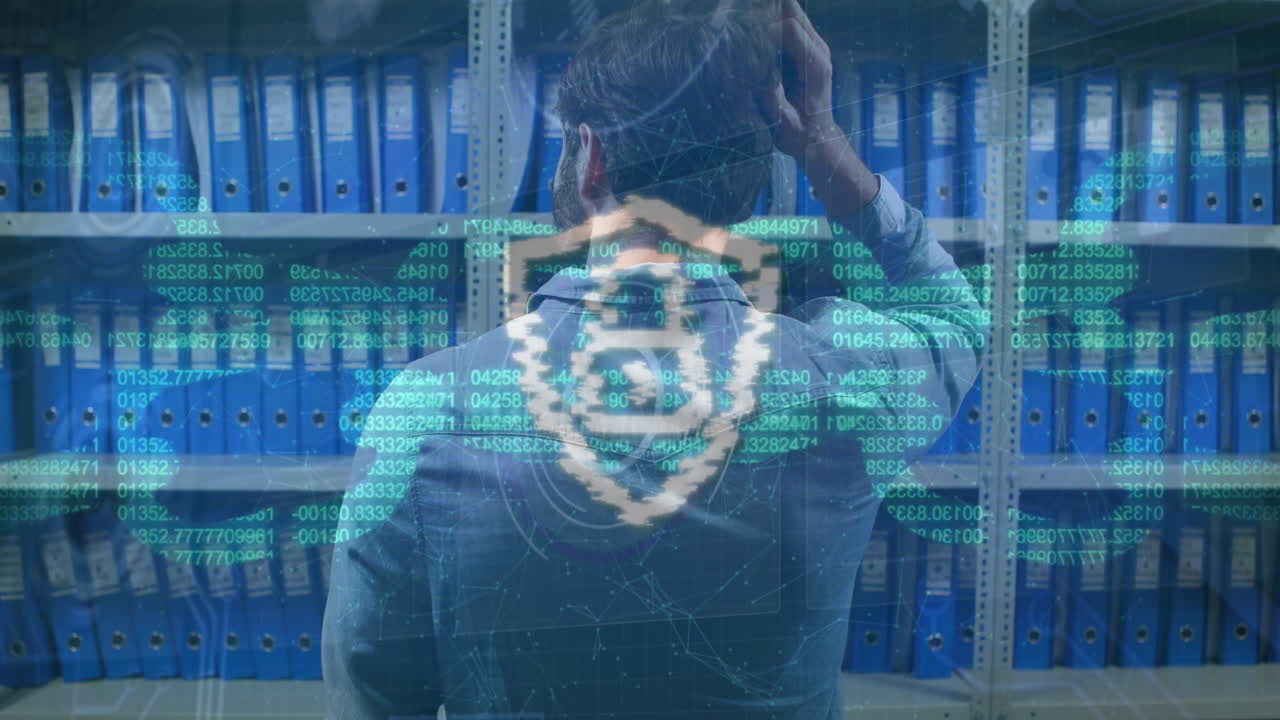 Animation of padlock in shield, blockchain, rear view of confused caucasian man looking at files