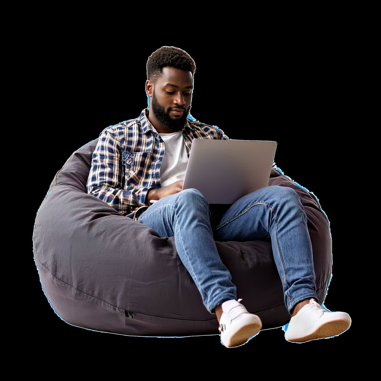 Man relaxing with laptop animation isolated asset, transparent 4K video, alpha channel, ProRes 4444