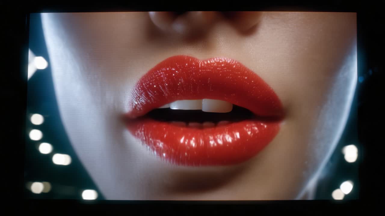 Un primo piano mozzafiato di labbra rosse lucide che mostrano contorni perfettamente definiti e una lucentezza sontuosa, catturato con dettagli incredibili in chiarezza ad alta definizione.