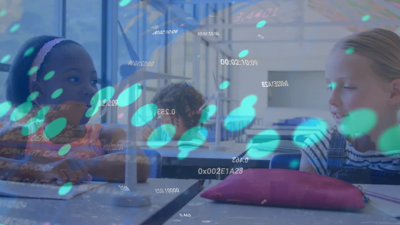 그래프, 숫자 및 지도의 애니메이션, 다양한 학생들이 토론하고 교실 벤치에 풍차