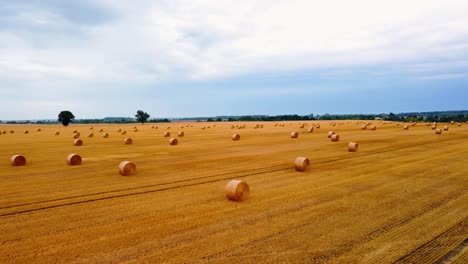 aerial view of a large industrial brown field with many hay bales in field in 4k, push in