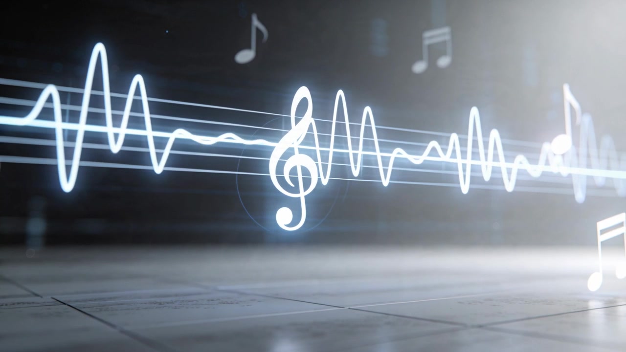 Animation starter, neonbølgeform og diskantnøgle pulserer over studiegulvet for at vise lyd og noder.
