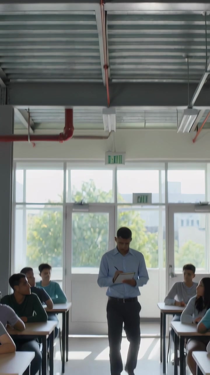 Vertical video: Tilting shot showing teacher in shirt walking aisle in class checking notepad notes