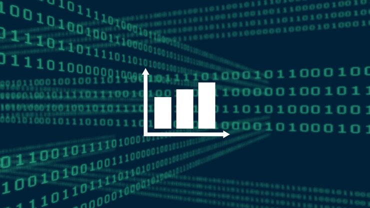 Animation of graph, binary coding and data processing over dark background