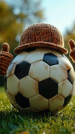 knit-hatted soccer ball. a decorative soccer ball wears a knitted hat and gloves on a grassy field during sunset, creating a playful atmosphere.