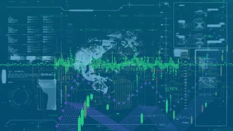 Animation-of-data-processing,-globe-and-graphs-on-blue-digital-screen