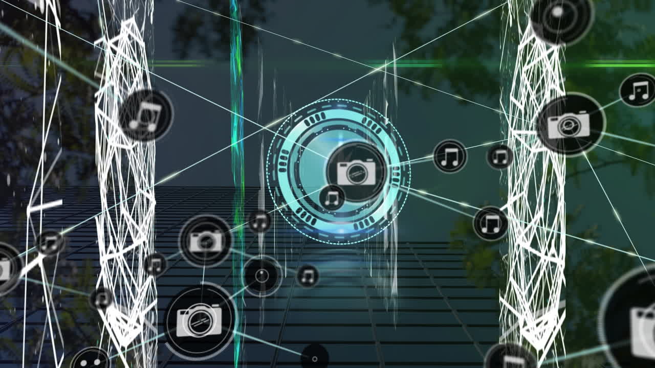 Animation of network of connections with icons over trees