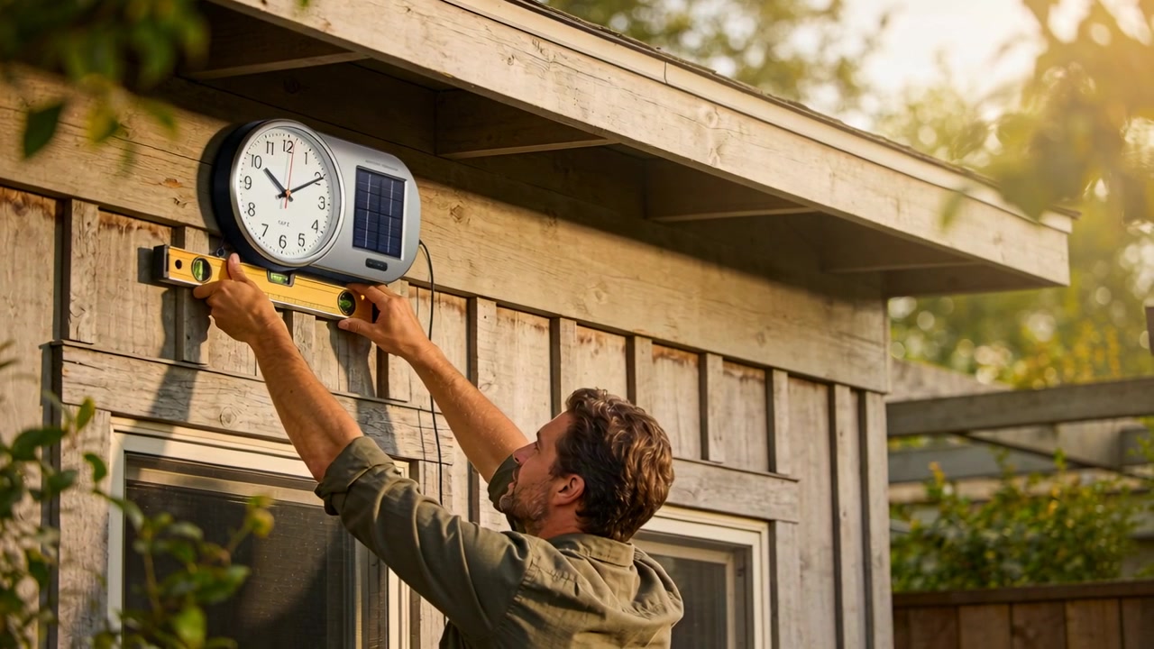 Raising yellow level, man wearing green shirt aligning solar clock on shed wall for straightness